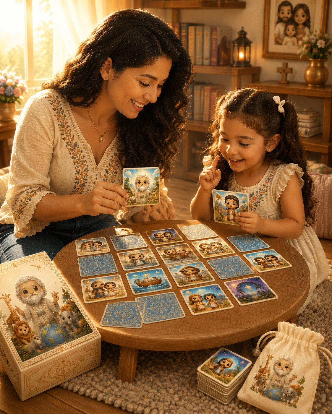Mamá e hija jugando con las cartas memorama bíblicas